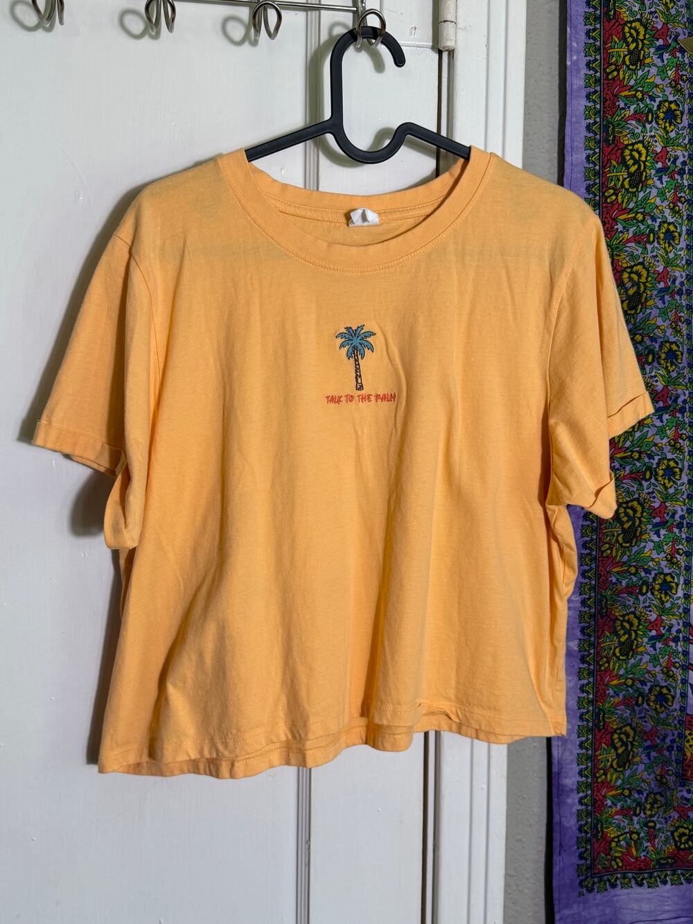 Electric Pink Talk to the Palm Graphic Tee Large Yellow Tropical Cotton Shirt